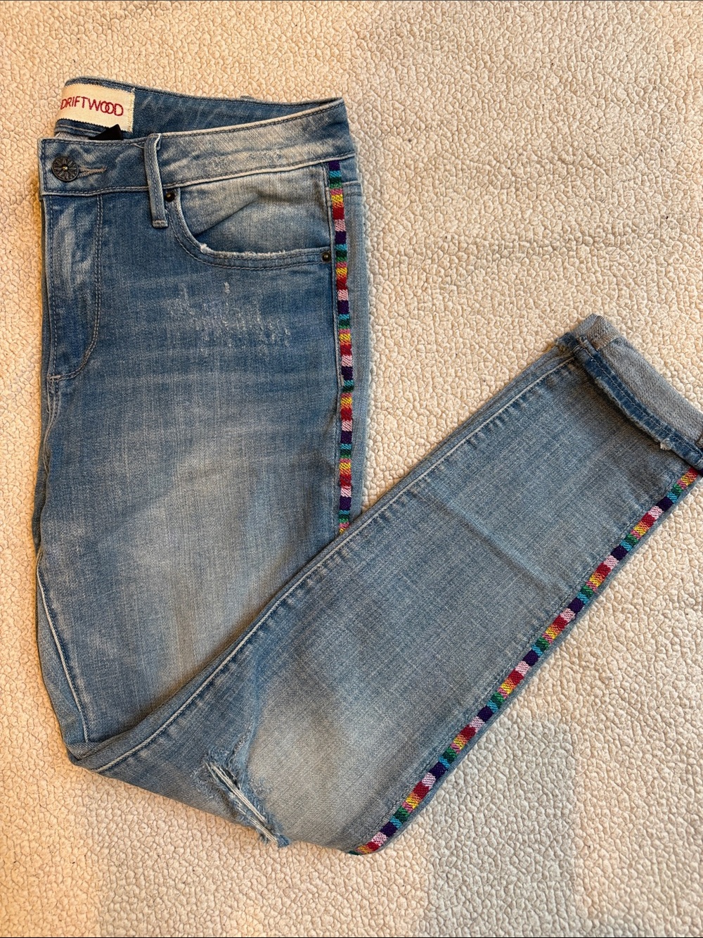 DRIFTWOOD Light Blue Skinny Jeans with Rainbow Embroidered Side Trim